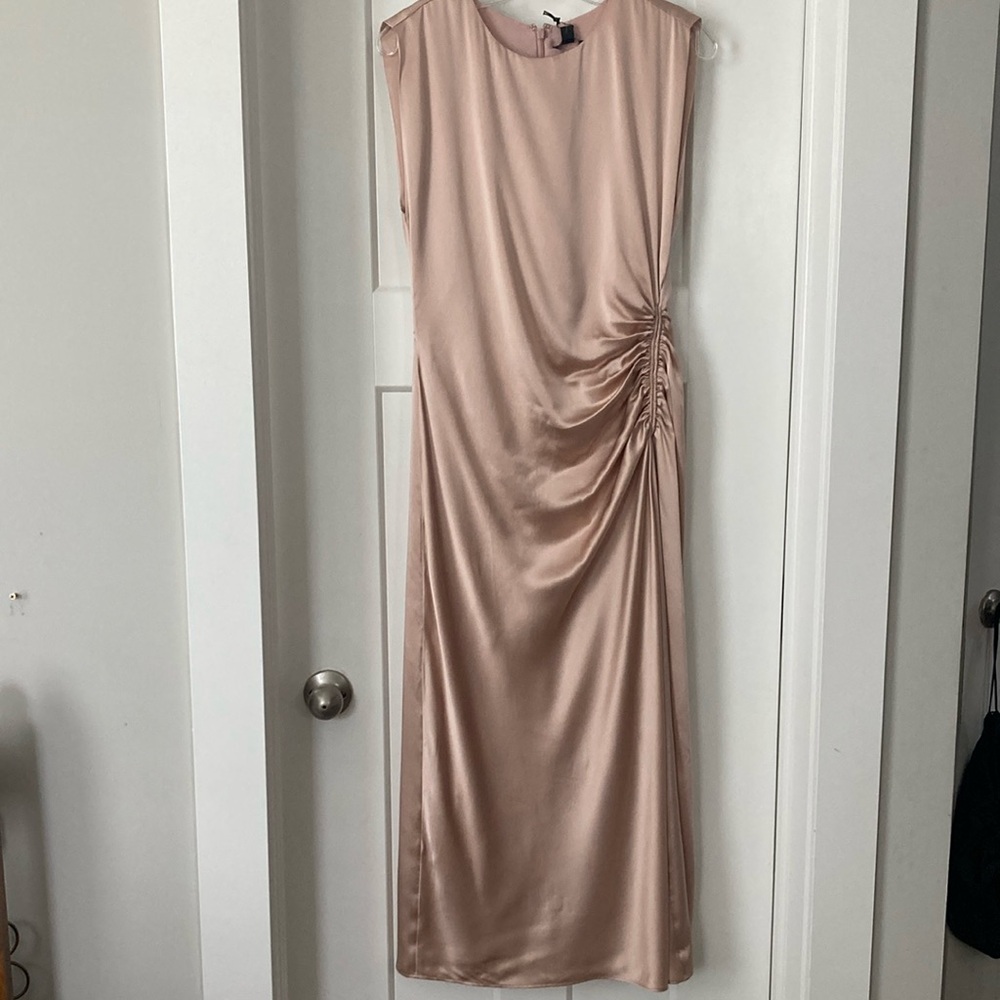 Silk , Flutter Sleeve Sheath Midi Dress 👗,S-4, lined, Crew Neck, beige/blush
